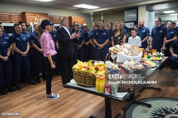 President Donald Trump and First Lady Melania Trump visit memebers of the US Coast Guard at Station Lake Worth Inlet in Riviera Beach, Florida on...