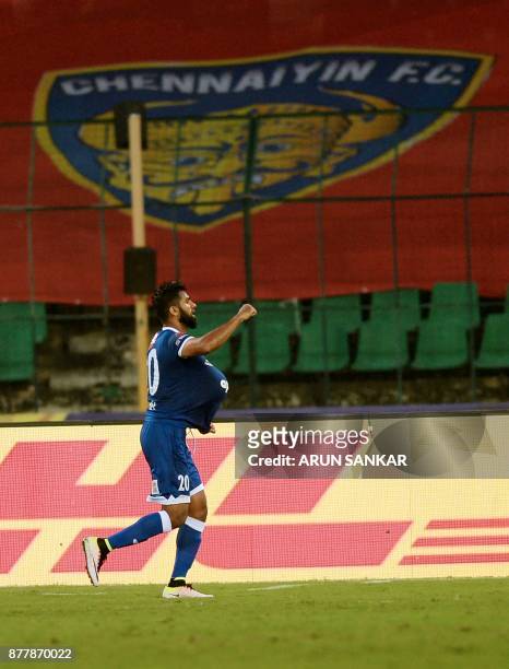 Chennaiyin FC Mohammed Rafi celebrates after scoring a goal against NorthEast United FC's during the Indian Super League football league match...