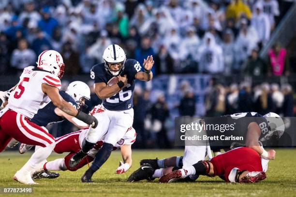 Saquon Barkley of the Penn State Nittany Lions carries the ball during the game against the Nebraska Cornhuskers on November 18, 2017 at Beaver...