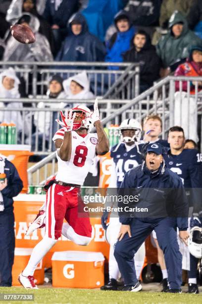 Head coach James Franklin of the Penn State Nittany Lions reacts as Stanley Morgan Jr. #8 of the Nebraska Cornhuskers makes a first down reception...