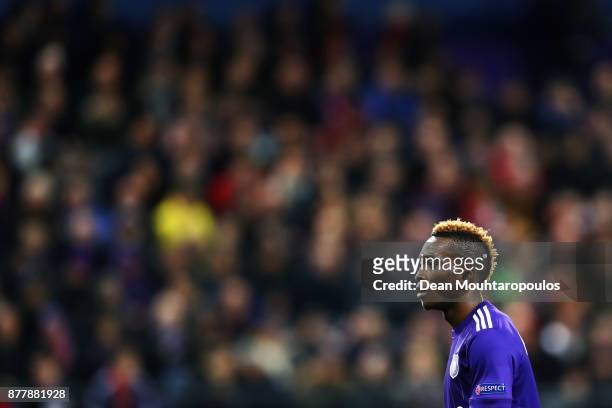 Henry Onyekuru of Anderlecht in action during the UEFA Champions League group B match between RSC Anderlecht and Bayern Muenchen at Constant Vanden...