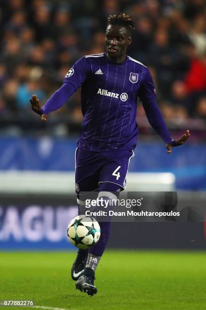 Kara Mbodji of Anderlecht in action during the UEFA Champions League group B match between RSC Anderlecht and Bayern Muenchen at Constant Vanden...
