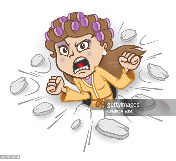 stressed woman loud yelling screaming housewife punching hole in a wall - bathrobe stock illustrations