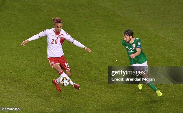 Dublin , Ireland - 14 November 2017; Yussuf Poulsen of Denmark in action against Harry Arter of Republic of Ireland during the FIFA 2018 World Cup...