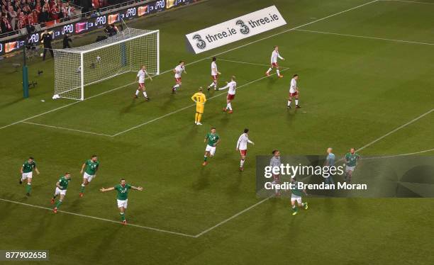 Dublin , Ireland - 14 November 2017; Shane Duffy of Republic of Ireland celebrates after scoring his side's first goal during the FIFA 2018 World Cup...