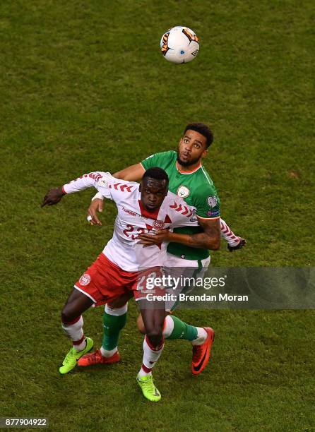 Dublin , Ireland - 14 November 2017; Pione Sisto of Denmark in action against Cyrus Christie of Republic of Ireland during the FIFA 2018 World Cup...