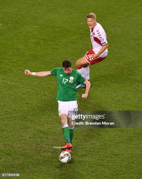 Dublin , Ireland - 14 November 2017; Stephen Ward of Republic of Ireland fails to clear the ball leading up to Denmark's fourth goal, scored by...