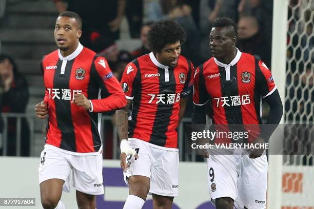 Nice's Italian forward Mario Balotelli celebrates after scoring a goal during the UEFA Europa League football match between OGC Nice vs Zulte Waregem...