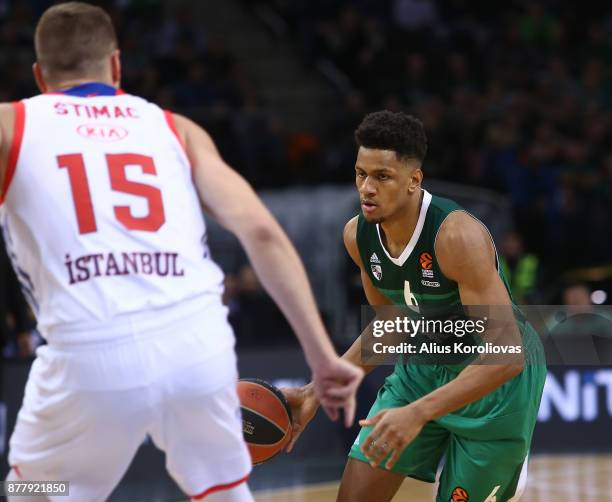 Axel Toupane, #6 of Zalgiris Kaunas in action during the 2017/2018 Turkish Airlines EuroLeague Regular Season Round 9 game between Zalgiris Kaunas...