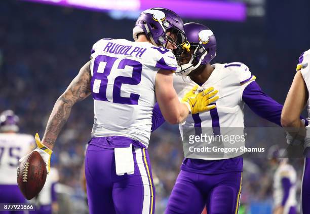 Kyle Rudolph of the Minnesota Vikings celebrates his touchdown with Laquon Treadwell of the Minnesota Vikings against the Detroit Lions at Ford Field...