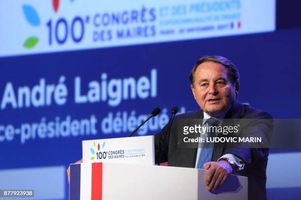 First Executive Vice-President of the Association of French Mayors Andre Laignel delivers a speech during the 100th French Mayors congress on...