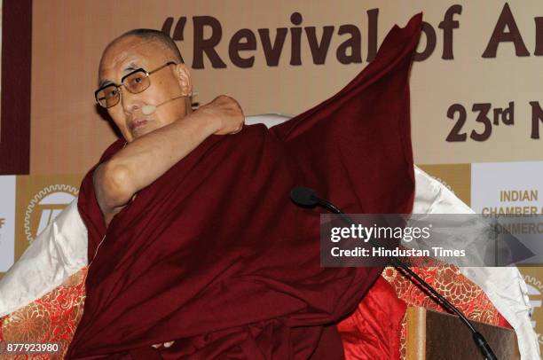 Tibetan spiritual 14th Buddhist leader Dalai Lama attends an interactive session organised by Indian Chamber of Commerce and talks on 'Revival of...