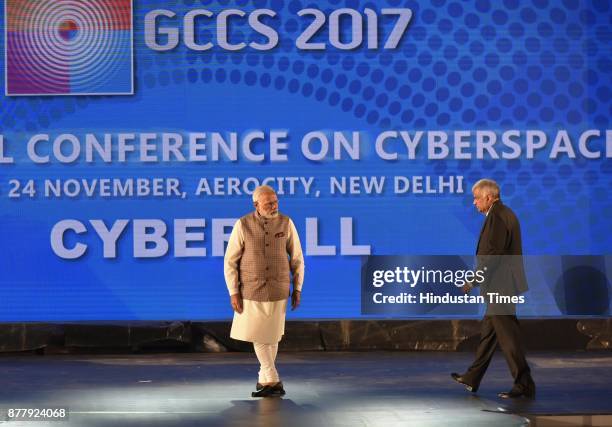 Prime Minister Narendra Modi with Ranil Wickremesinghe Prime Minister of Sri Lanka at the inauguration of GCCS 2017 at Aerocity on November 23, 2017...