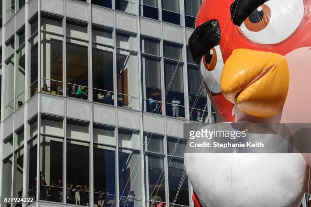 The Angry Birds balloon floats on Central Park West during the annual Macy's Thanksgiving Day parade on November 23, 2017 in New York City. The...