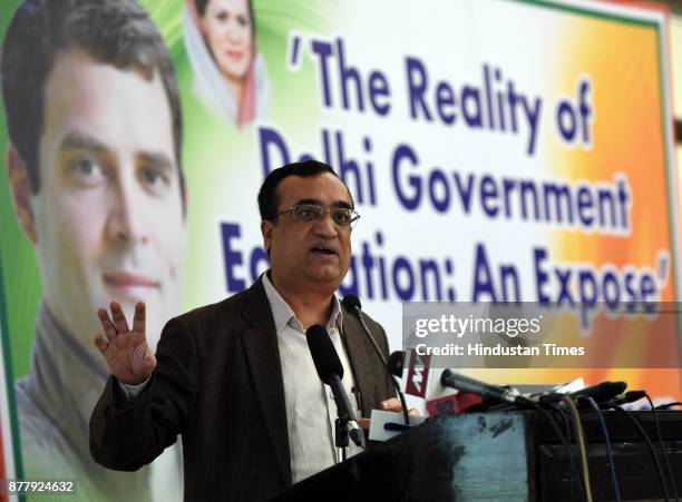 Delhi Pradesh Congress Committee president Ajay Maken addresses a press conference on the issue of Reality of Delhi Government Education: An Expose...