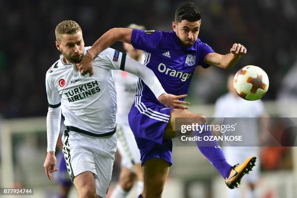 Olympique de Marseille's Morgan Sanson vies for the ball with Konyaspor`s Nejc Skubic during the UEFA Europa League Group I football match between...