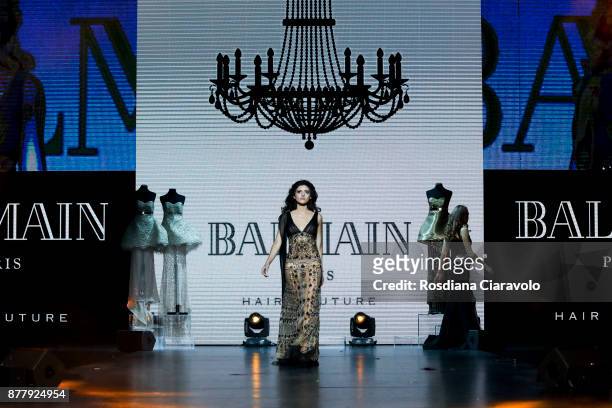 Model is seen during the Balmain Paris Hair Couture - Embracing Diveristy by Antonino Tarantino and Nunzio Di Lauro show at On Hair By Cosmoprof...