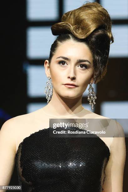 Model is seen during the Balmain Paris Hair Couture - Embracing Diveristy by Antonino Tarantino and Nunzio Di Lauro show at On Hair By Cosmoprof...