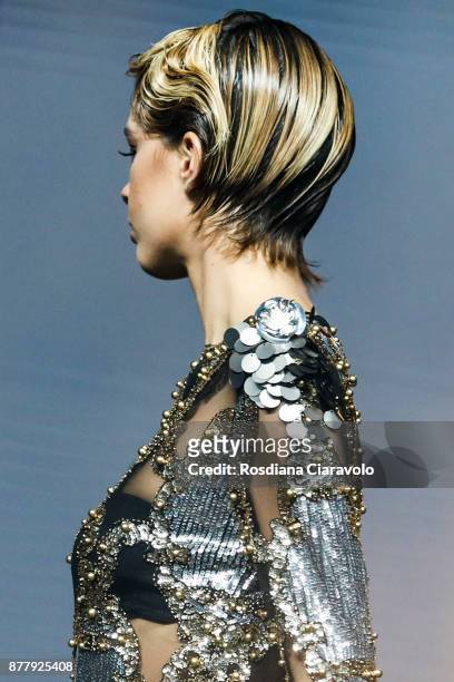 Model is seen during the Balmain Paris Hair Couture - Embracing Diveristy by Antonino Tarantino and Nunzio Di Lauro show at On Hair By Cosmoprof...