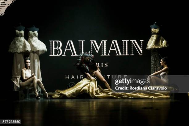 Models are seen during the Balmain Paris Hair Couture - Embracing Diveristy by Antonino Tarantino and Nunzio Di Lauro show at On Hair By Cosmoprof...