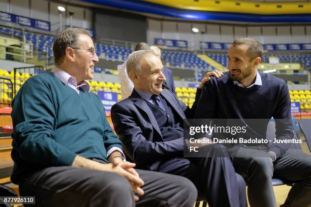 Carlo Recalcati , Giovanni Petrucci and Giorgio Chiellini during the Italy Basketball national team training session on November 23, 2017 in Turin,...