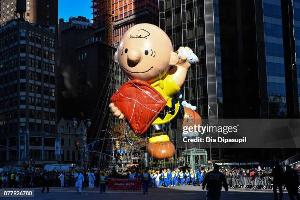 The Charlie Brown balloon floats in Columbus Circle during the 91st Annual Macy's Thanksgiving Day Parade on November 23, 2017 in New York City.