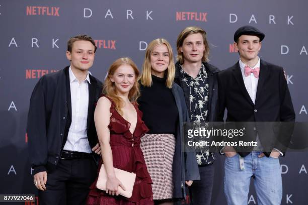 Moritz Jahn, Gina Alice Stiebitz, Nele Trebs, Ludger Boekelmann and Paul Lux attends the premiere of the first German Netflix series 'Dark' at Zoo...