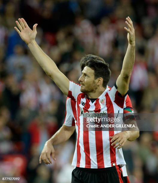 Athletic Bilbao's Spanish forward Aritz Aduriz celebrates after scoring his team's first goal during the Europa League football match Athletic Club...