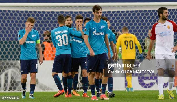 Zenit St. Petersburg's midfielder from Argentina Emiliano Rigoni celebrates after scoring the team's second goal during the UEFA Europa League Group...