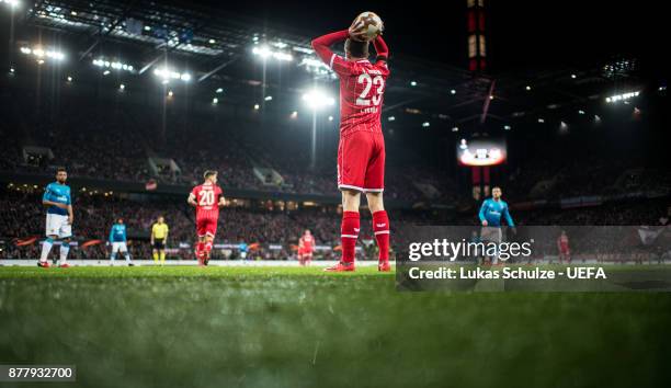 Jannes Horn of Koeln prepares a throw-in during the UEFA Europa League group H match between 1. FC Koeln and Arsenal FC at RheinEnergieStadion on...