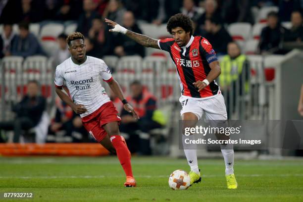 Aaron Leya Iseka of Zulte Waregem, Dante of Nice during the UEFA Europa League match between Nice v Zulte Waregem at the Allianz Riviera on November...