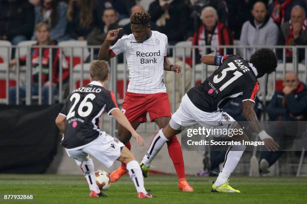 Arnaud Souquet of Nice, Aaron Leya Iseka of Zulte Waregem, Dante of Nice during the UEFA Europa League match between Nice v Zulte Waregem at the...