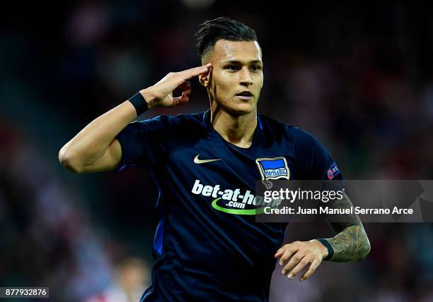 Davie Selke of Hertha BSC celebrates after scoring during the UEFA Europa League group J match between Athletic Bilbao and Hertha BSC at San Mames...