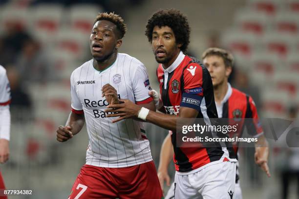 Aaron Leya Iseka of Zulte Waregem, Dante of Nice during the UEFA Europa League match between Nice v Zulte Waregem at the Allianz Riviera on November...