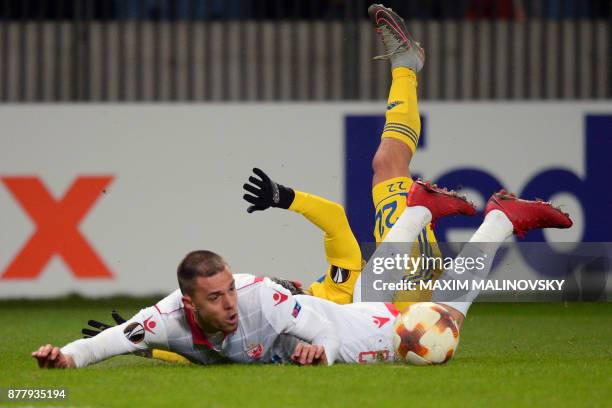 Crvena Zvezda Beograd's defender from Serbia Milan Rodic and BATE Borisov's midfielder from Belarus Ihor Stasevich in action during the UEFA Europa...