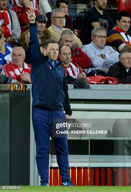 Hertha BSC Berlin's Hungarian coach Pal Dardai gesutres during the Europa League football match Athletic Club Bilbao vs Hertha BSC Berlin at the San...