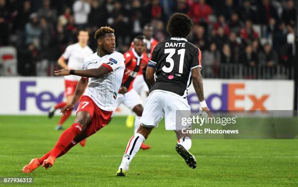 Aaron Leya Iseka forward of SV Zulte Waregem during the UEFA Europa League, Group K stage match between SV Zulte Waregem and OGC Nice at the Allianz...