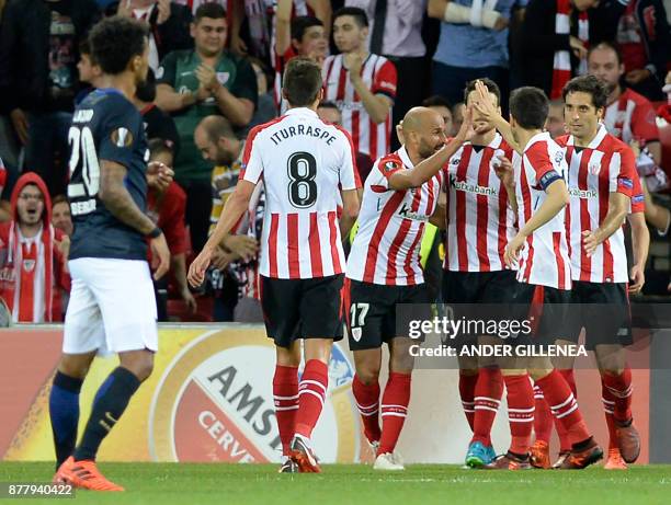 Athletic Bilbao players celebrate their second goal during the Europa League football match Athletic Club Bilbao vs Hertha BSC Berlin at the San...