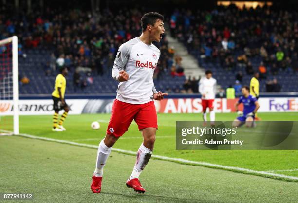 Hwang Hee-chan of Red Bull Salzburg celebrates after scoring a goal during the UEFA Europa League group I match between FC Salzburg and Vitoria...