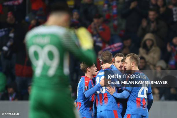 Players of Viktoria Plzen celebrate their second goal during the UEFA Europa League football match Viktoria Plzen v Steaua Bucuresti on November 23,...