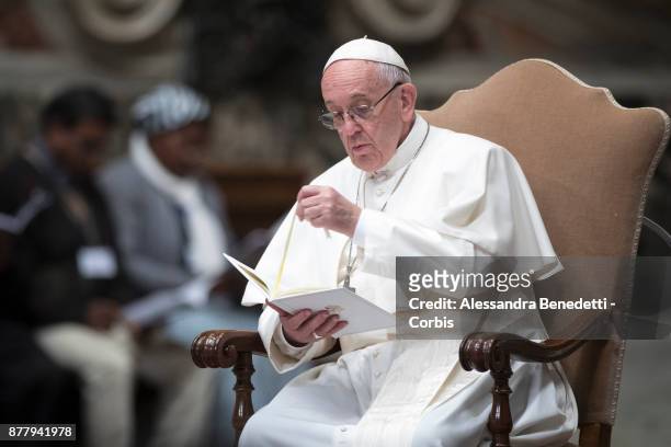 Pope Francis calls for peace in South Sudan and the Democratic Republic of Congo during a vigil prayer in St. Peter's Basilica, on November 23, 2017...