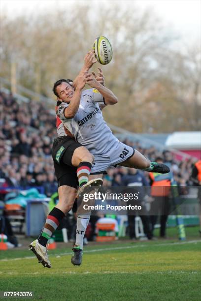 Dante Mama of Leicester Tigers battles with Seb Stegmann of Harlequins for the high ball during a LV= Cup match at Twickenham Stoop on January 28,...