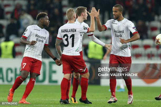Essevee's Brian Hamalainen celebrates after scoring a goal during the UEFA Europa League football match between OGC Nice vs SV Zulte Waregem on...