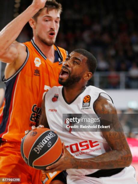 Dorell Wright, #3 of Brose Bamberg competes with Tibor Pleiss, #21 of Valencia Basket in action during the 2017/2018 Turkish Airlines EuroLeague...