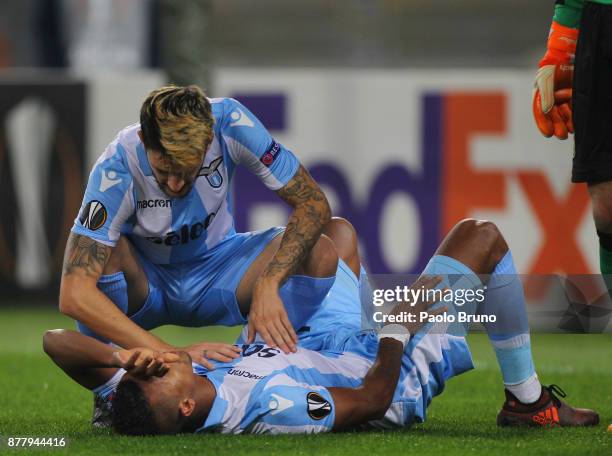 Luis Alberto of SS Lazio helps his teammate Nani injured during the UEFA Europa League group K match between SS Lazio and Vitesse at Olimpico Stadium...