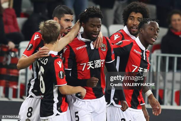 Nice's French midfielder Adrien Tameze celebrates after scoring a goal during the UEFA Europa League football match between OGC Nice vs SV Zulte...