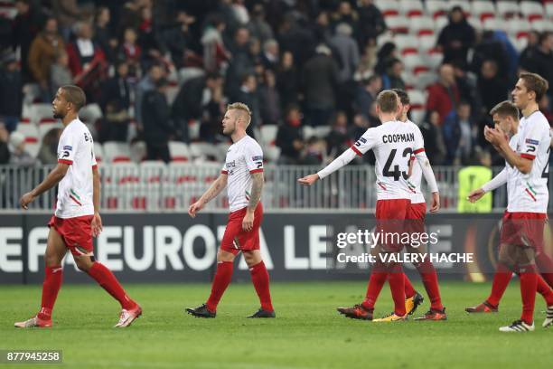 Players react at the end during the UEFA Europa League football match between OGC Nice vs SV Zulte Waregem on November 23, 2017 at the "Allianz...