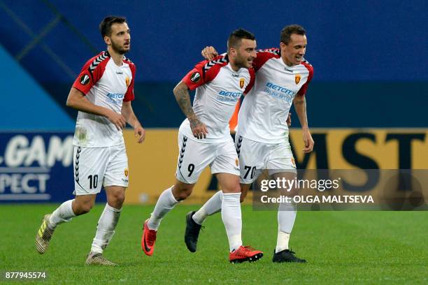 Vardar Skoplje's players celebrate a goal during the UEFA Europa League Group L football match between FC Zenit and FK Vardar in Saint Petersburg on...