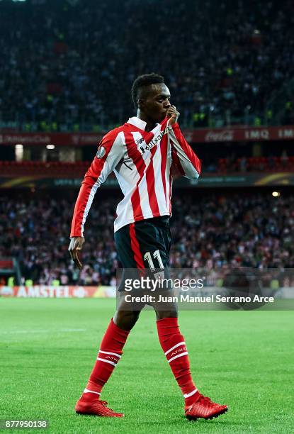 Inaki Willams of Athletic Bilbao celebrates after scoring his team's third goal during the UEFA Europa League group J match between Athletic Bilbao...