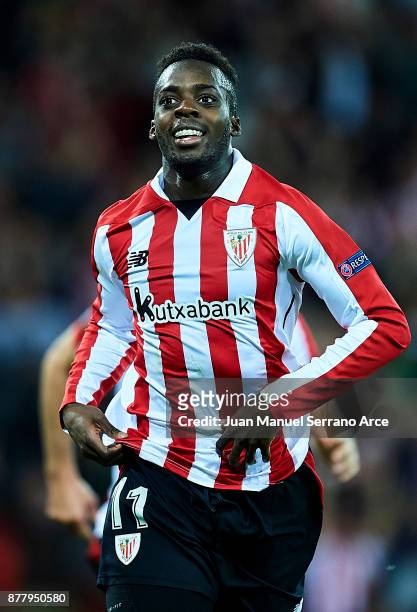 Inaki Willams of Athletic Bilbao celebrates after scoring his team's third goal during the UEFA Europa League group J match between Athletic Bilbao...